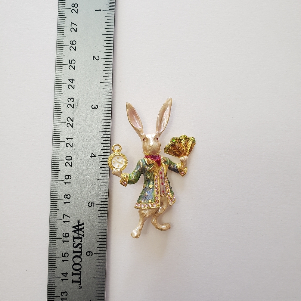 Kirks Folly White Rabbit Alice in Wonderland Enamel & Rhinestone Brooch - Picture 4 of 10